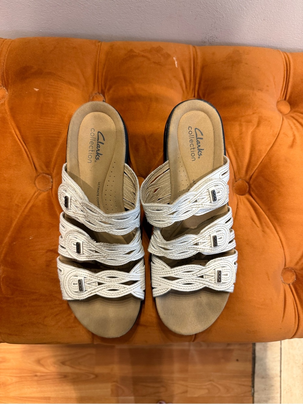 Clarks White Braided Slide Sandals